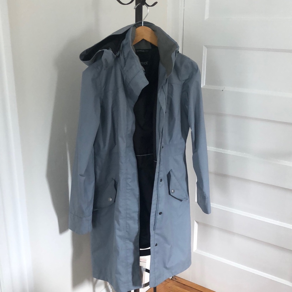 MARMOT, Raincoat excellent condition. Light blue with a tiny of gray color.